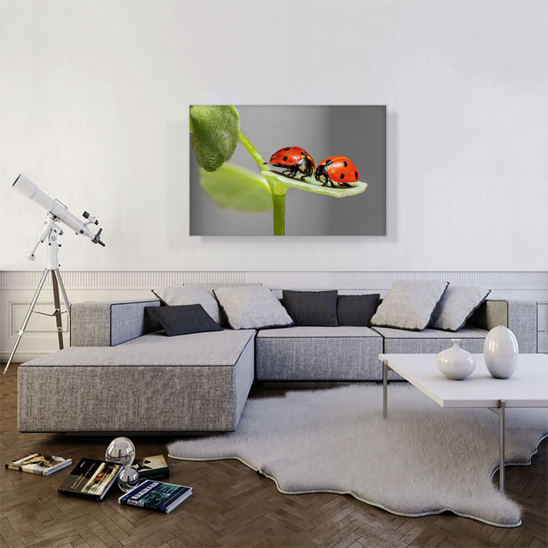 «Two Ladybugs Bugs on a Leaf», reproduction de photo sur toile tendue, H 26 po x l 40 po x 1,5 po