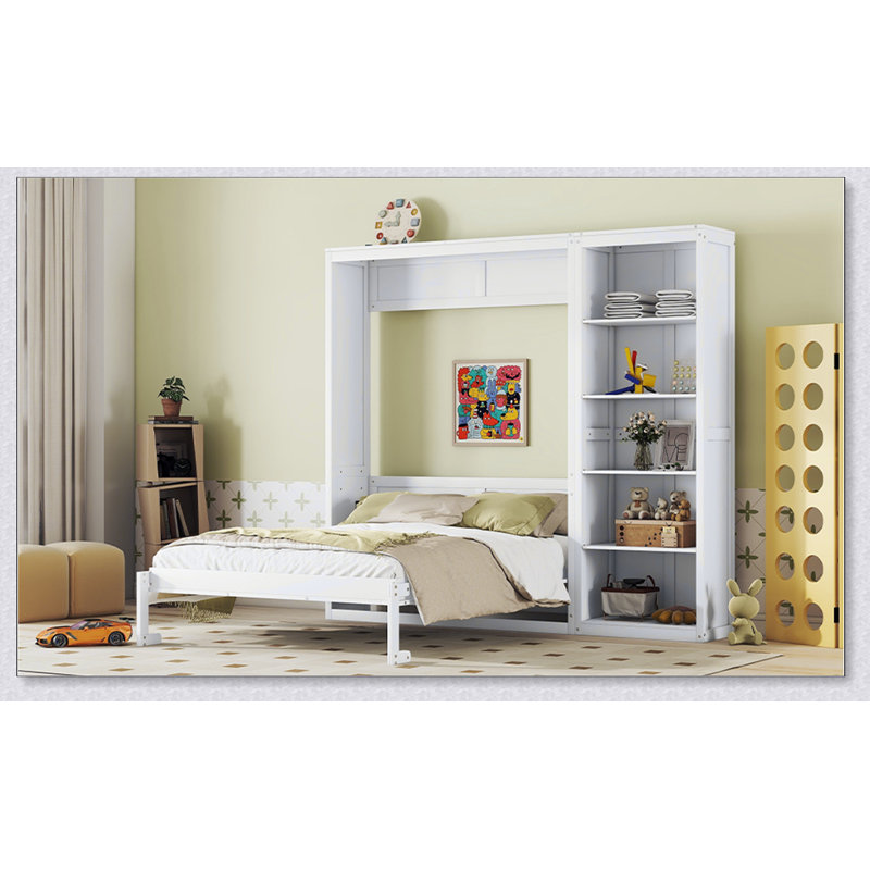 Grand lit escamotable mural avec tablettes, blanc