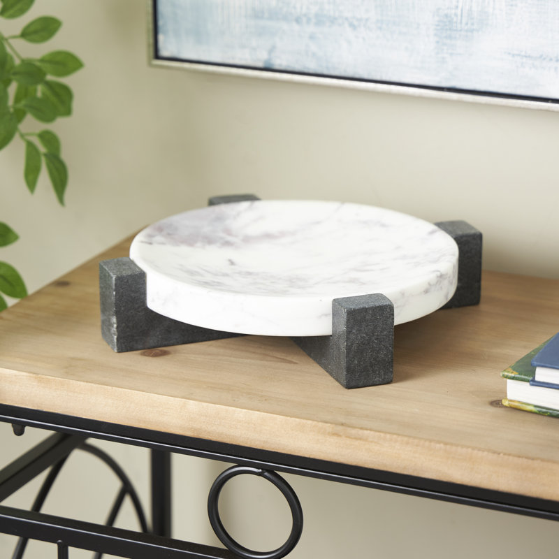 Besser Cole And Grey Marble Round Geometric Tray With Black X-Shaped Base, 2.55" H x 10" W x 10" D