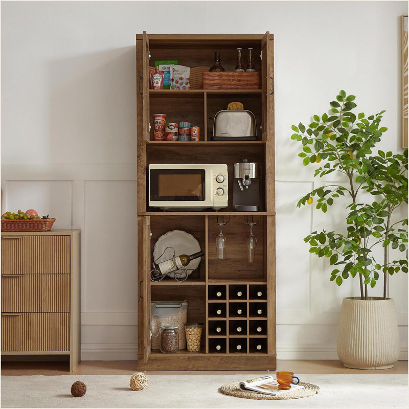 Armoire à vin en chêne rustique Farmhouse, 76 pouces avec portes de grange et amp; 12 compartiments | Panneau de fibres à densité moyenne + panneau de particules