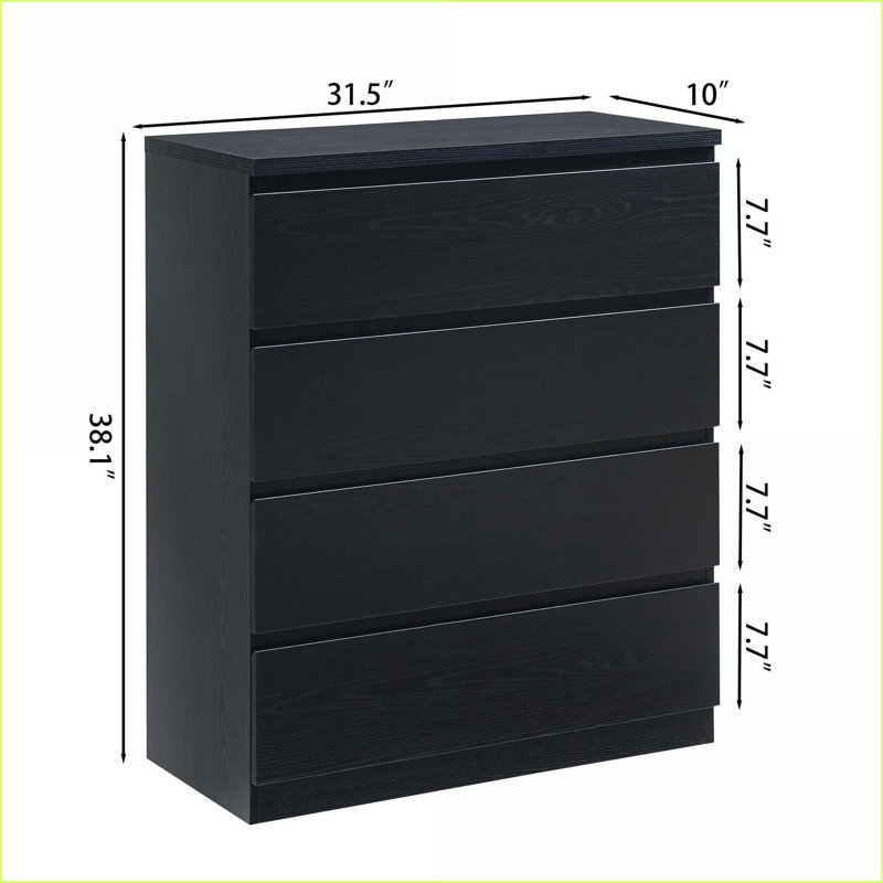 Dresser 4-Drawer Modern Storage Chest, 31.5in Black Handle-Free Closet Organizer | Black | Particle Board