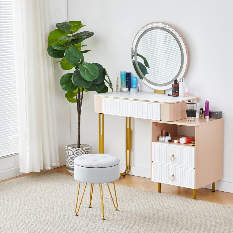 Tabouret de coiffeuse avec rangement, Blanc