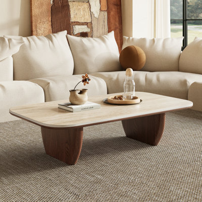 Table basse 51,2 po en faux travertin avec base en bois massif, plateau rectangulaire double couche, table basse moderne pour le salon