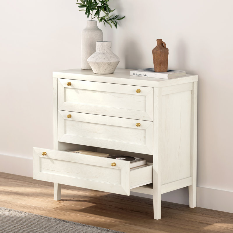 Commode 3 tiroirs Farmhouse, commode large, table de chevet 3 tiroirs, Blanc antique, 1