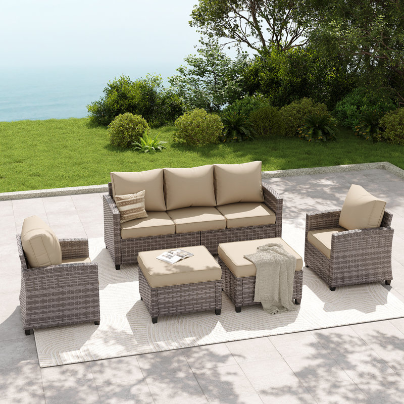 7-Person Wicker Outdoor Patio Conversation Set With Cushions, Beige Cushion//Grey Frame