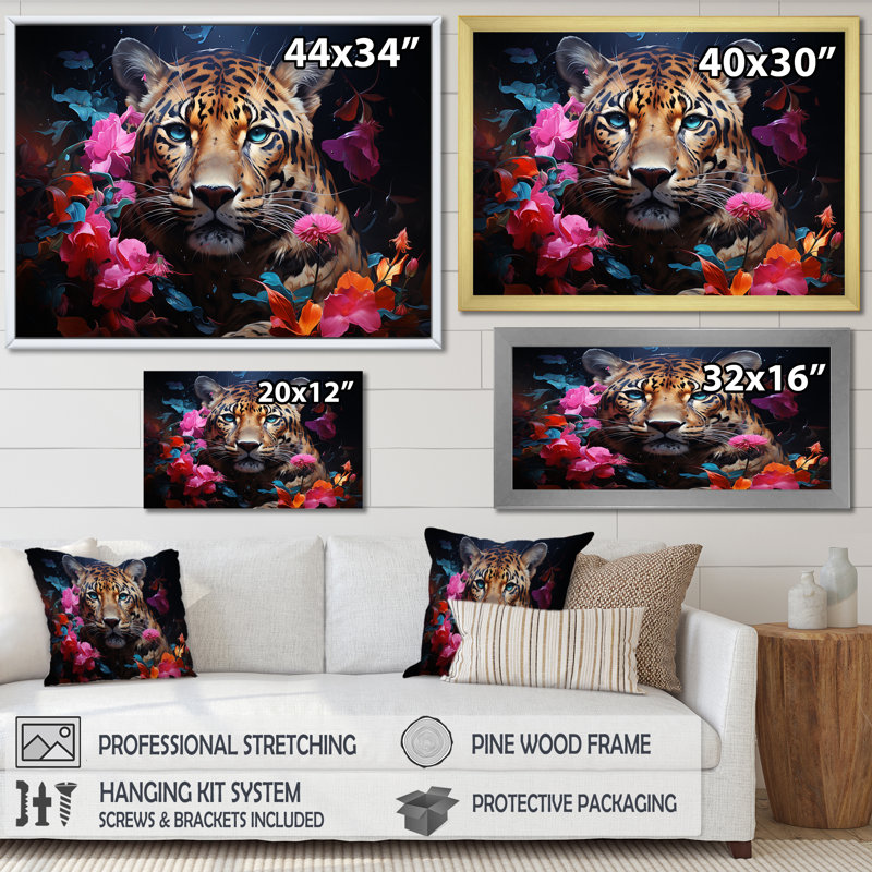 Jaguar romantique, énigme sur toile, Encadrement doré, H 16 po x l 32 po x P 1 po