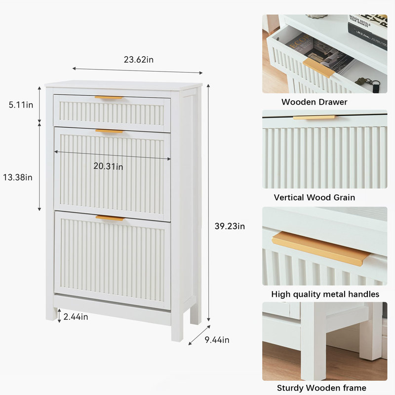 Slim 2-Drawer Flip-Top Entryway Shoe Cabinet, White/Gold