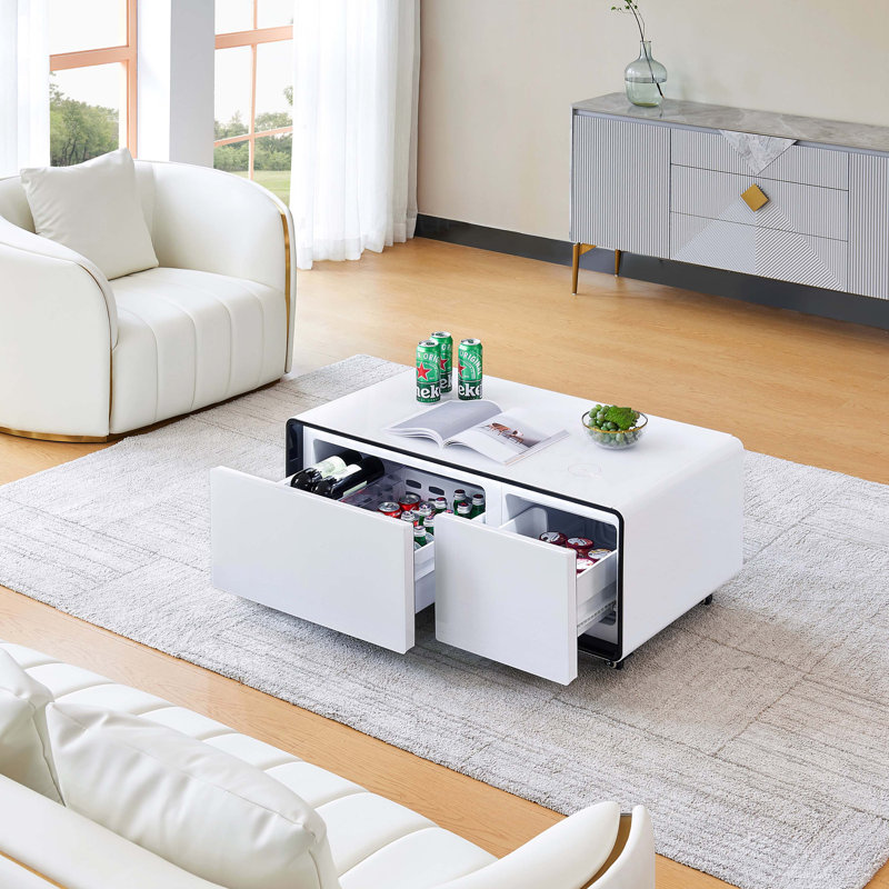 Smart Table Fridge, Multifunctional Coffee Table with Cooler and Frozen, White