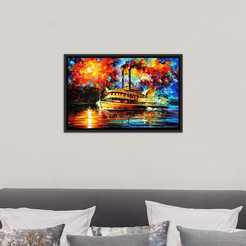 «Steamboat» par Leonid Afremov - impression d'art graphique, H 18 po x l 26 po x P 1,5 po, Toile avec cadre noir patiné
