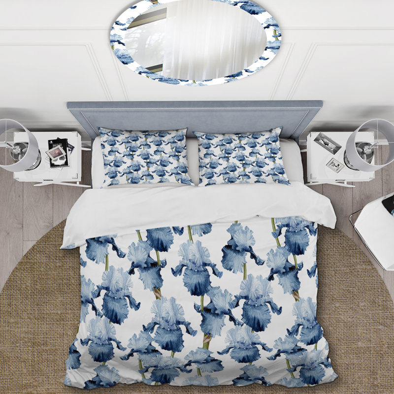Blue Iris Flowers Floral Duvet Cover, King Duvet Cover + 2 King Shams