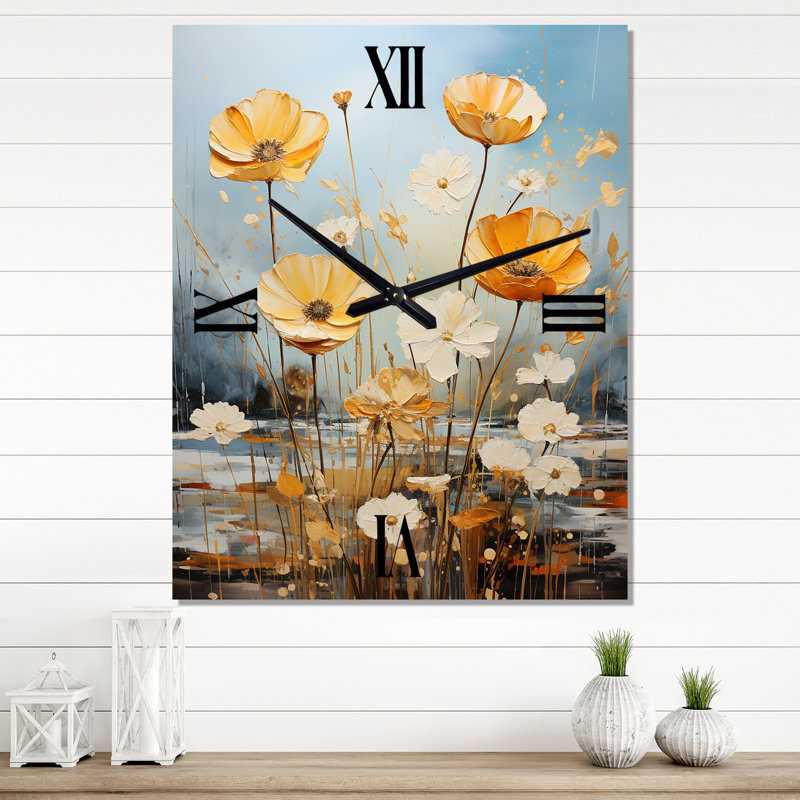 Horloge murale moderne Meadow Blooming Yellow Poppy Flowers IV - Poppies, Petit