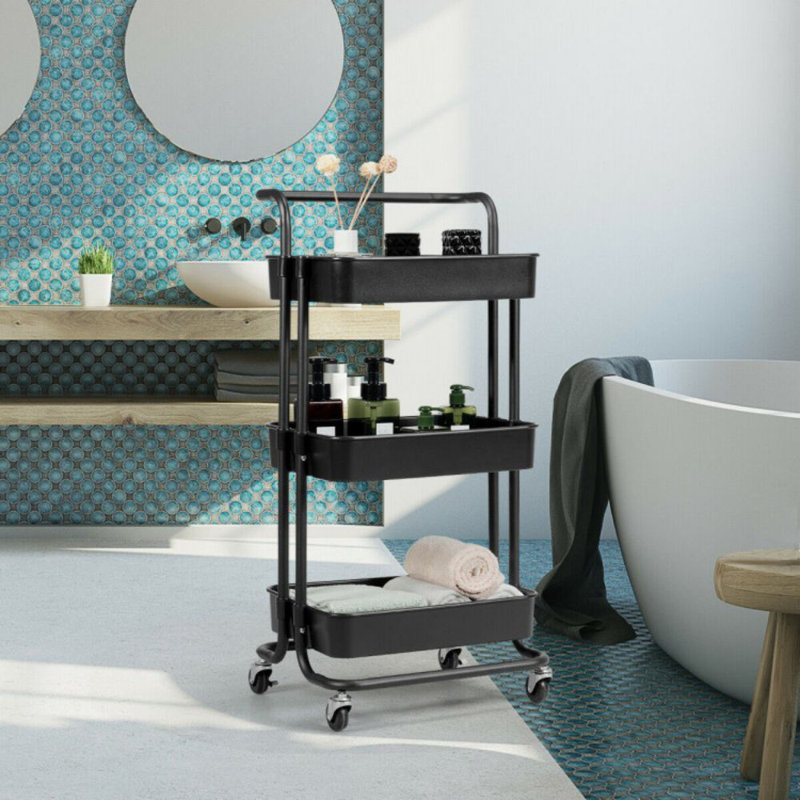 Black 3-Tier Metal Rolling Utility Cart with Casters