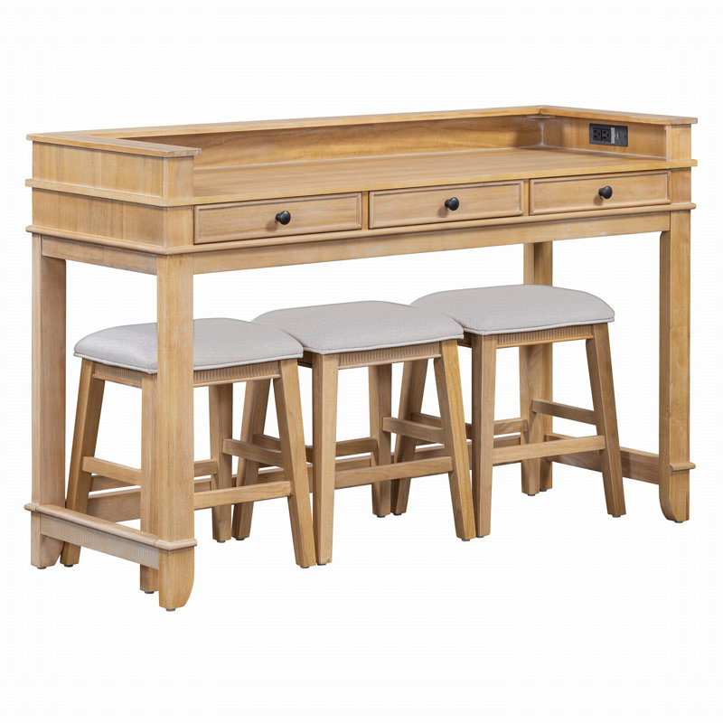 Ensemble de table de salle à manger 4 pièces avec 3 tabourets, Duplicate de bois naturel délavé