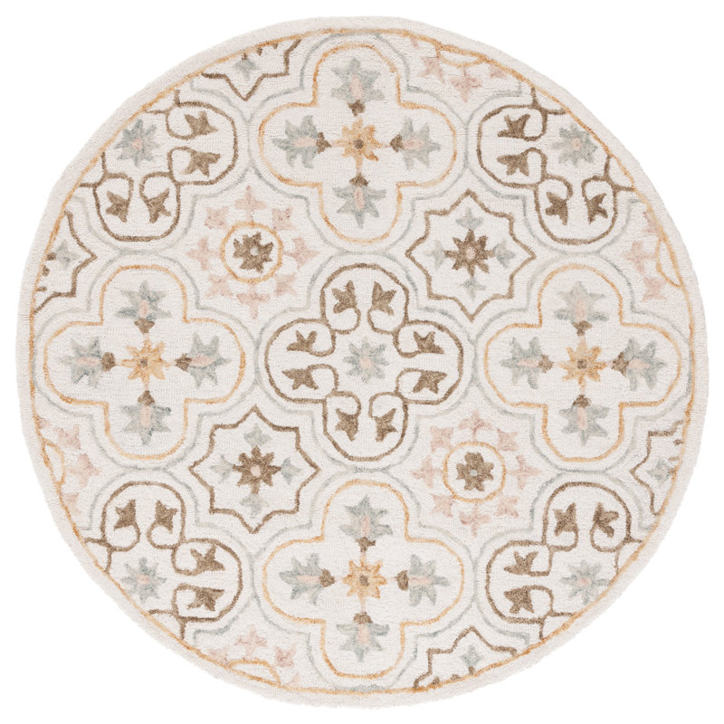 Caleia Micro-Loop Hand Tufted Wool/Cotton Floral Rug in Gray/Orange/Ivory, Round 5'