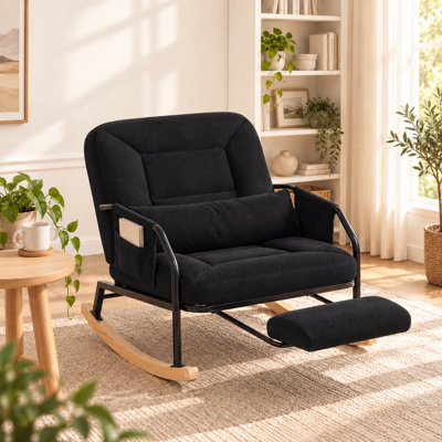 Oversized Corduroy Rocking Chair with Retractable Footrest, 4-Position Adjustable Backrest, Lumbar Pillow & Side Pocket, 350 lbs Nursery Glider Rocker,Black