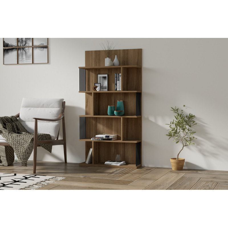 Modern Walnut Bookshelf, 63 x 63 x 8.6 Inches | 100% Melamine Coated Particle Board, Thickness: 0.7 Inches | Wall-Mountable Design, Multiple Shelves for Extra Storage | Stylish & Functional Home Organization Solution