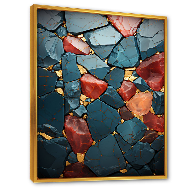 Mosaïque de pierre rouge - décoration murale en marbre, Cadre flottant doré, H 32 po x l 16 po x P 1 po