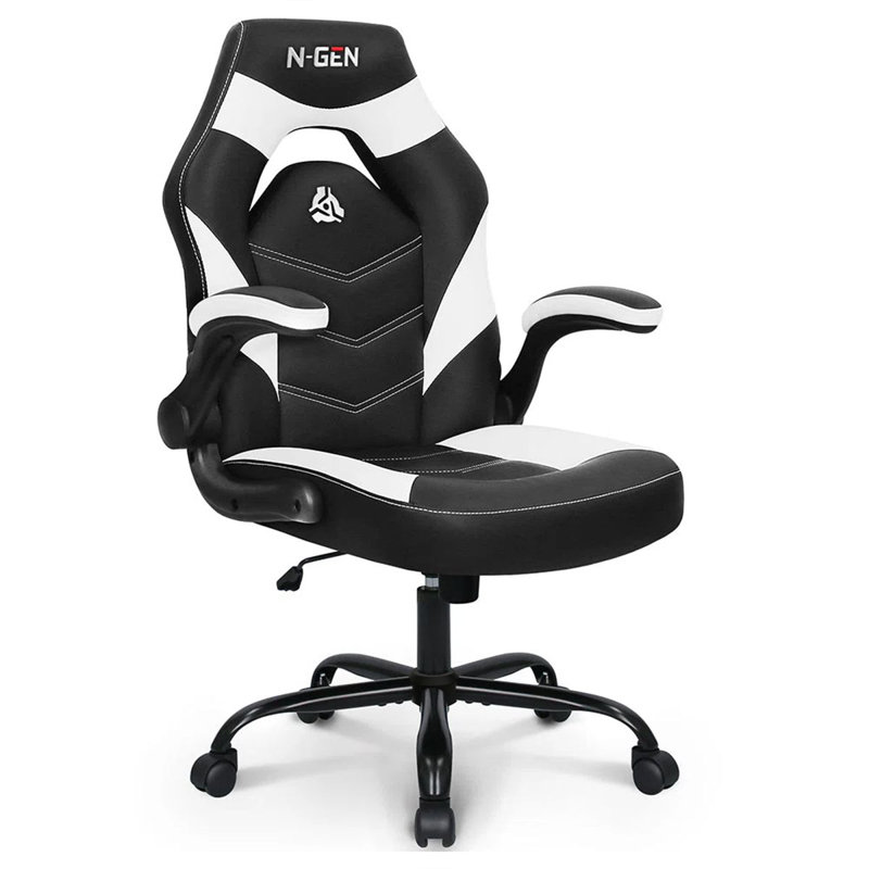 N-GEN Adjustable Ergonomic Faux Leather Swiveling PC & Racing Game Office Desk Chair with Flip-Up Arms, White