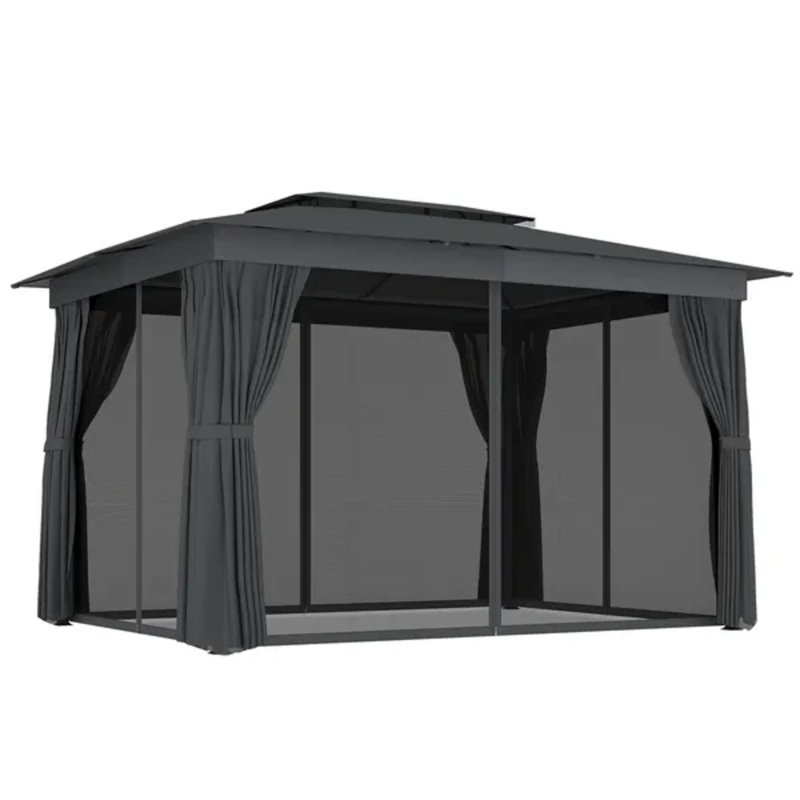 Abri de jardin extérieur gris foncé 10 x 12 pi, abri à toit souple à deux niveaux avec rideaux d'intimité et filet grillagé, structure en acier stable avec crochets de plafond