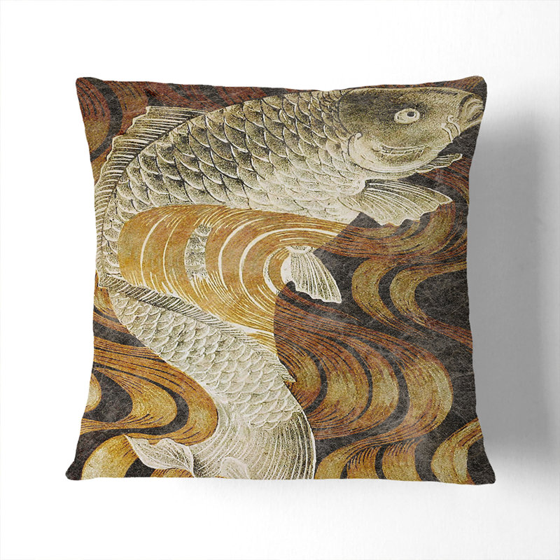 A Carp Fish Swimming Upstream Square Throw Cushion, 55 x 55 cm, Stone
