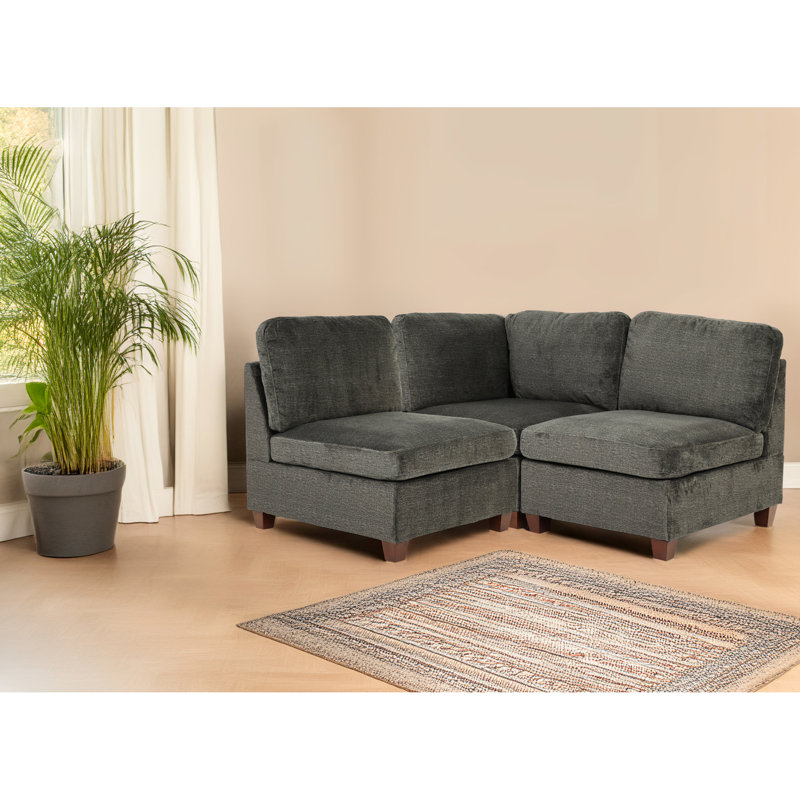 Canapé modulaire 3 pièces en chenille gris avec dossier coussiné et siège sans accoudoirs