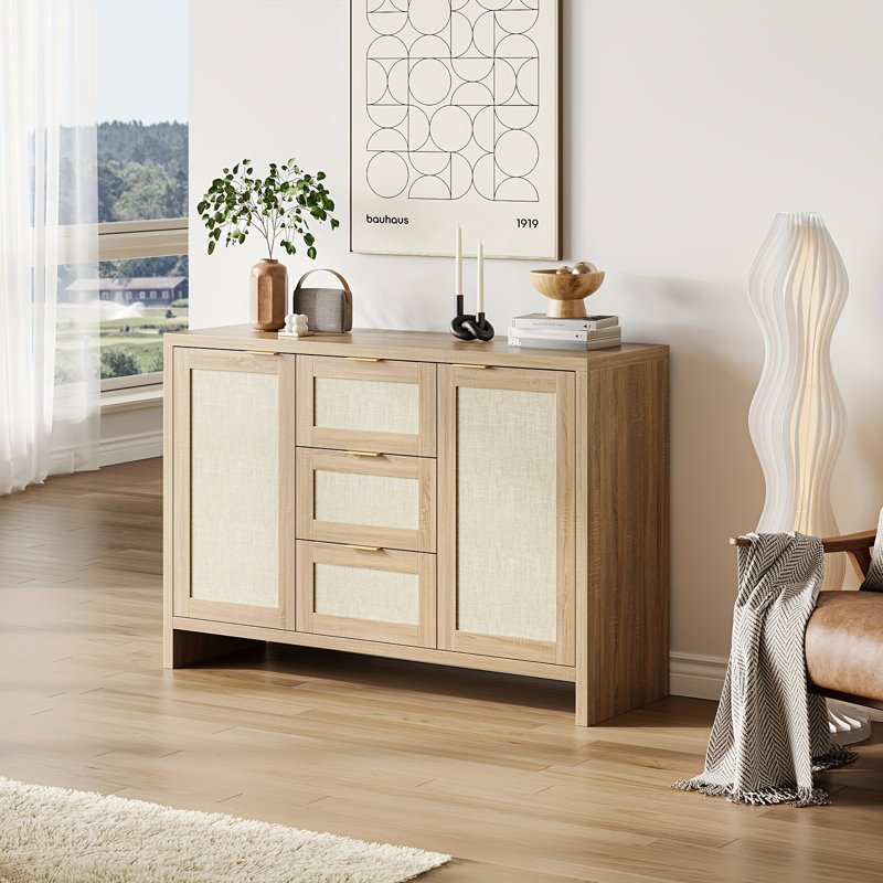 Buffet 47,2 po en rotin avec 3 tiroirs, armoire de rangement avec tablette réglable, chêne