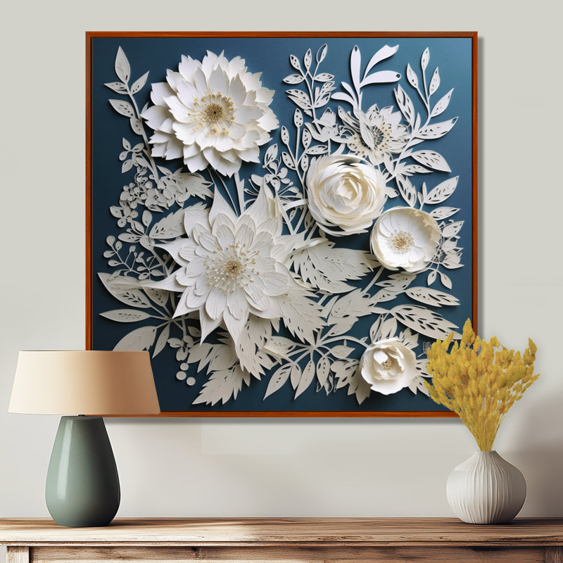 «Ryot White and Blue Flowers Bouquet Elegance», reproduction sur toile, H 16 po x l 16 po, Cadre flottant brun