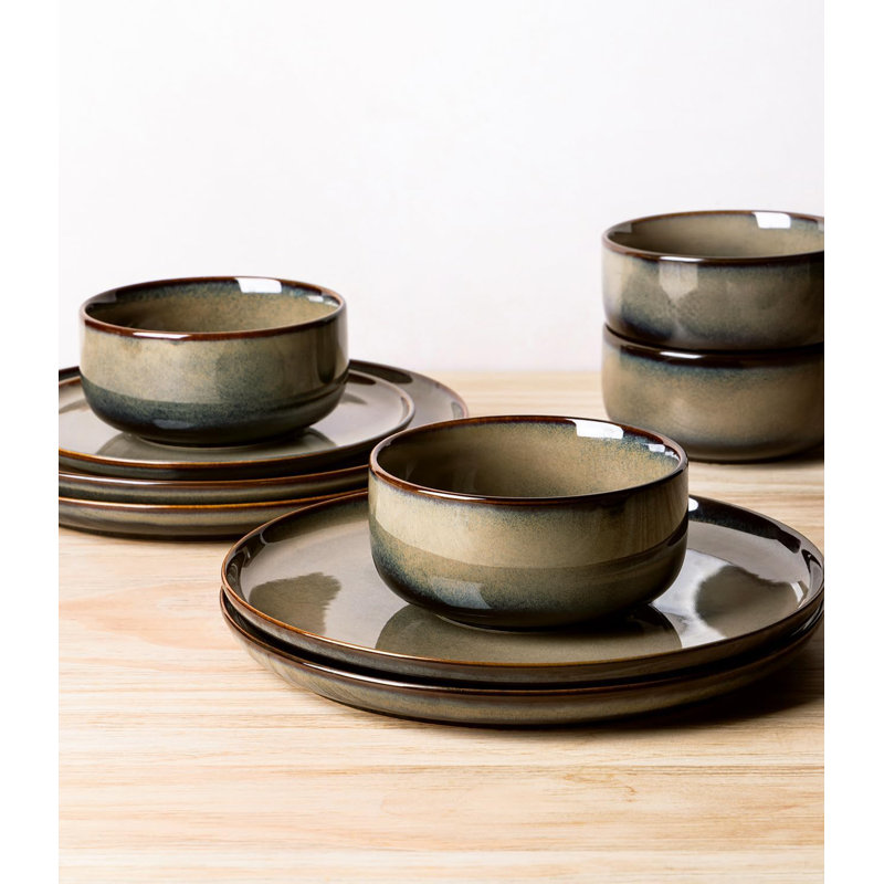 Coca Mocha Ceramic 12-Piece Reactive Glaze Dinnerware Set