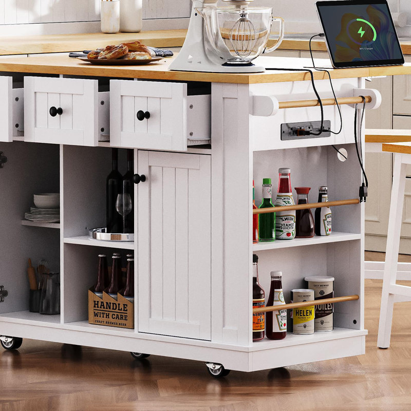 53Inch Large Kitchen Island With 2 Bar Stools, Power Outlet,Door Internal Storage Rack, Kitchen Storage Cart On 5 Wheels With Drop Leaf, 5 Open Side Racks, 3 Drawers, For Kitchen,Dining Room,White
