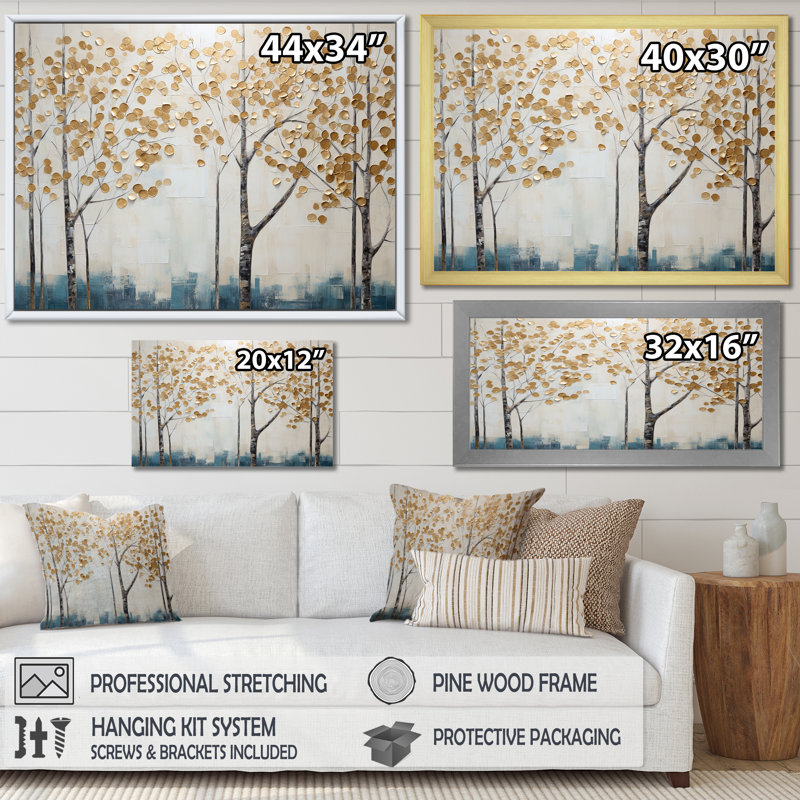 «Gold and Blue Treasure Trees Scenery III», reproduction sur toile, H 34 po x l 44 po x P 1,5 po, Cadre flottant noir