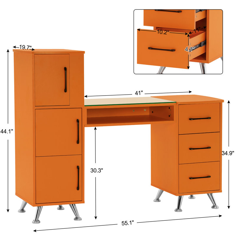 Classic Manicure Table with Glass Top, Nail Desk with Drawers, Vanity Makeup Desk, Orange