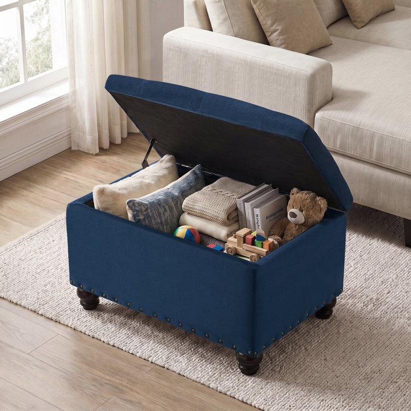 Repose-pieds rectangulaire avec rangement Dhiren, Velours bleu foncé