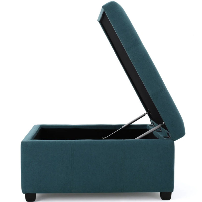 Rangement carré contemporain bleu sarcelle foncé avec coutures gaufrées, pieds en bois de bouleau larges et effilés, profondeur de produit 35,57 po, largeur 35,54 po, hauteur 18,72 po, poids de 55,58 lb, profondeur du colis de solution: 35,5 po