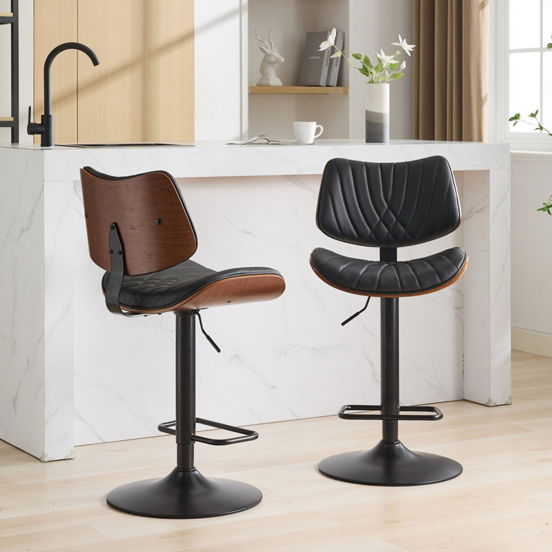 Adjustable Height Kitchen Island Bar Chairs, Walnut & Black Leather Upholstery, Mid Century Modern 360 Swivel, Ergonomic , Metal Legs, Stable 17.7" Base Counter Stools With Seat And Cover