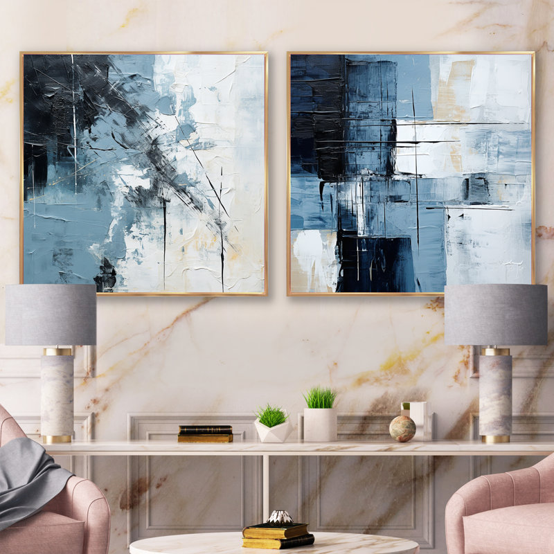 "Art moderne scandinave bleu et beige", 2 pièces, Cadre flottant doré, H 36 po x l 73 po
