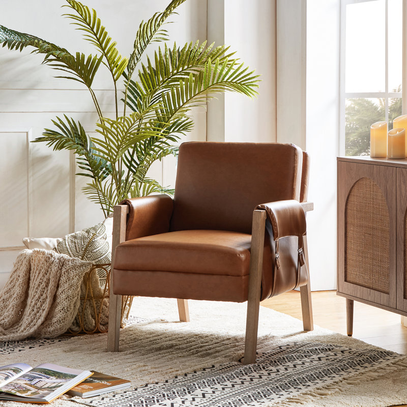 Arhiana 26.8'' Wide Faux Leather Armchair with Solid Wood Legs, Camel Pebbled Faux Leather