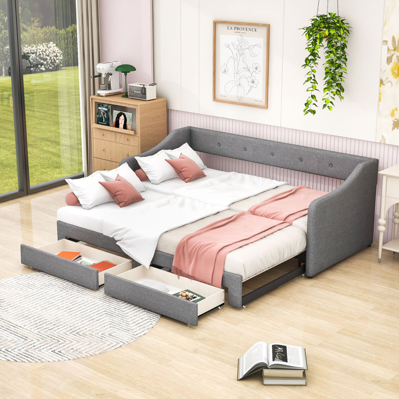Twin XL Wood Upholstered Daybed with Storage Drawers, Gray