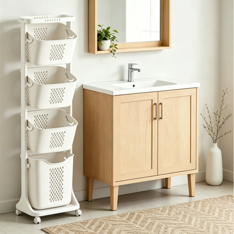 Four-Layer Laundry Basket with Wheels, Which can be Classified and Stored, Easy to Move and Assemble, Simple, White.