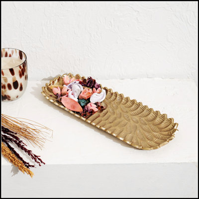 Textured Fern Pattern Gold Finished Aluminum Platter –13x5X1" Decorative Tray