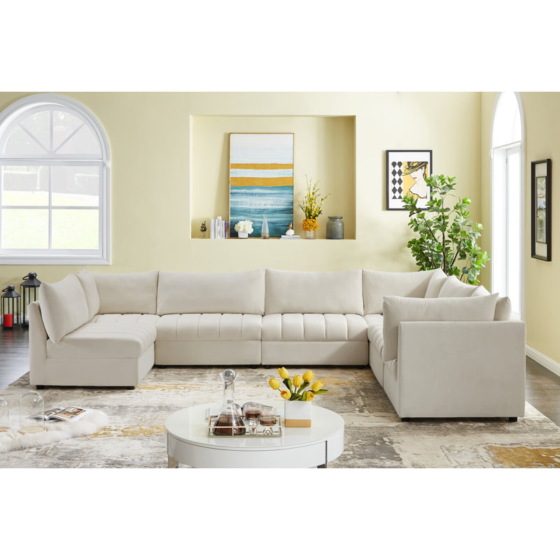 Ensoll Velvet U-Shaped Sectional Reversible, Cream Velvet