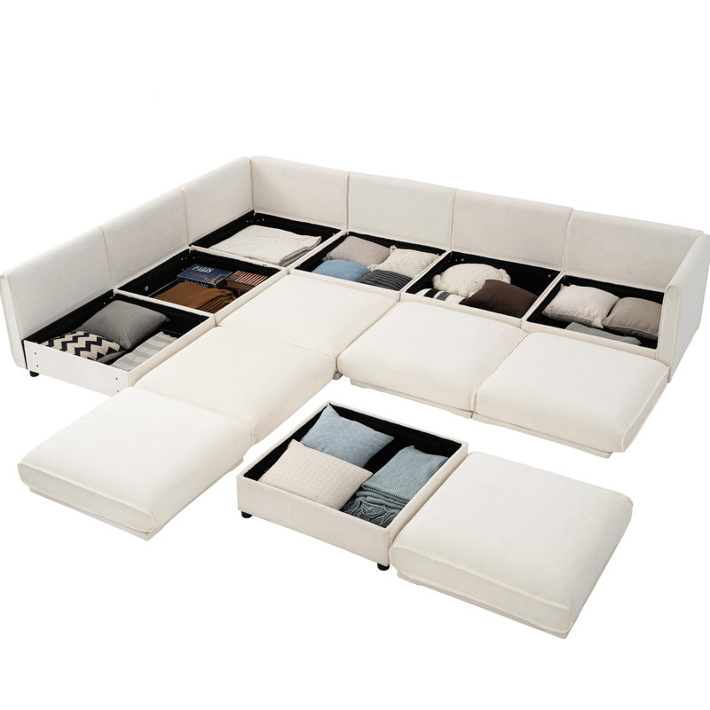 Modulaire 6 avec rangement, revêtement en chenille blanc, salon contemporain, canapé modulaire ergonomique 6, chenille douce