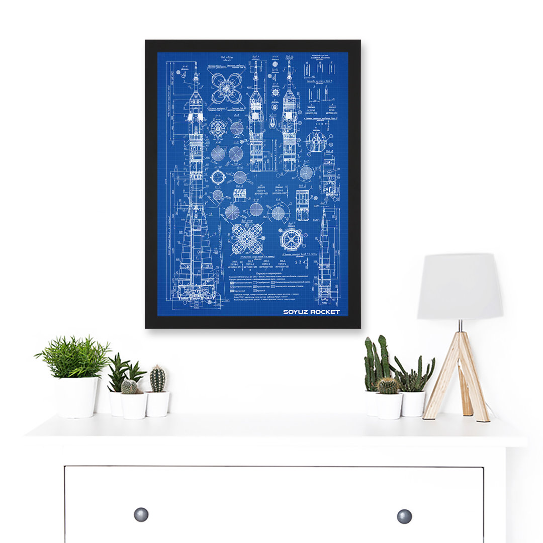 Soyuz Rocket USSR Soviet Space Blueprint Plan - Single Picture Frame Art Prints