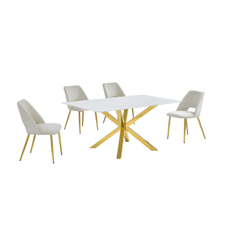 Ensemble de salle à manger 63 "x 39" en verre avec revêtement en marbre et chaises d'appoint en velours, Crème, 5