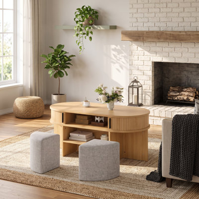 Ensemble de tables basses ovales avec rangement caché et 4 tabourets à linge dissimulés