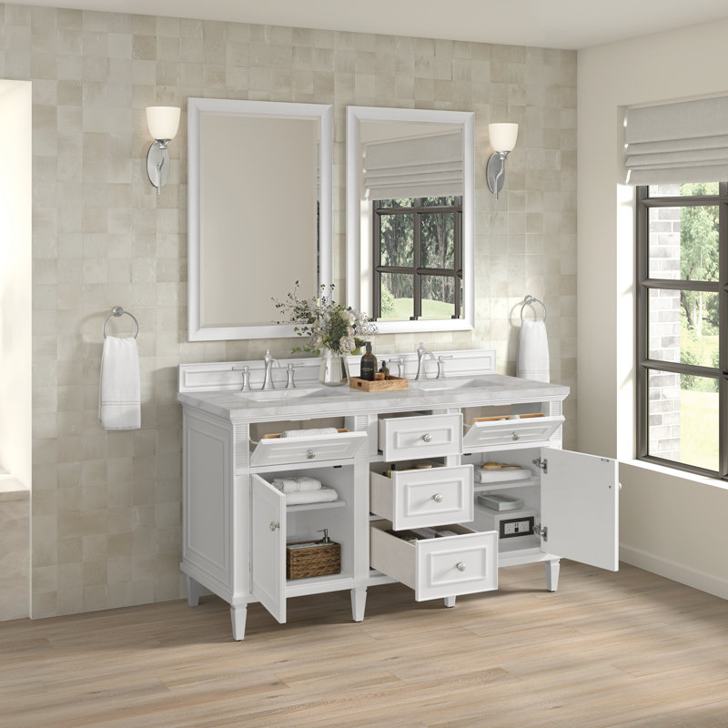 Lorelai 60'' W Double Vanity, Victorian Silver Silestone, Bright White, 8" Widespread