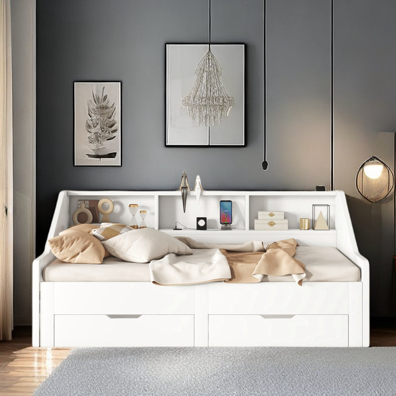 Emasealu Twin to King Size Daybed with Storage Bookcases, Charging Design and Two Drawers, White
