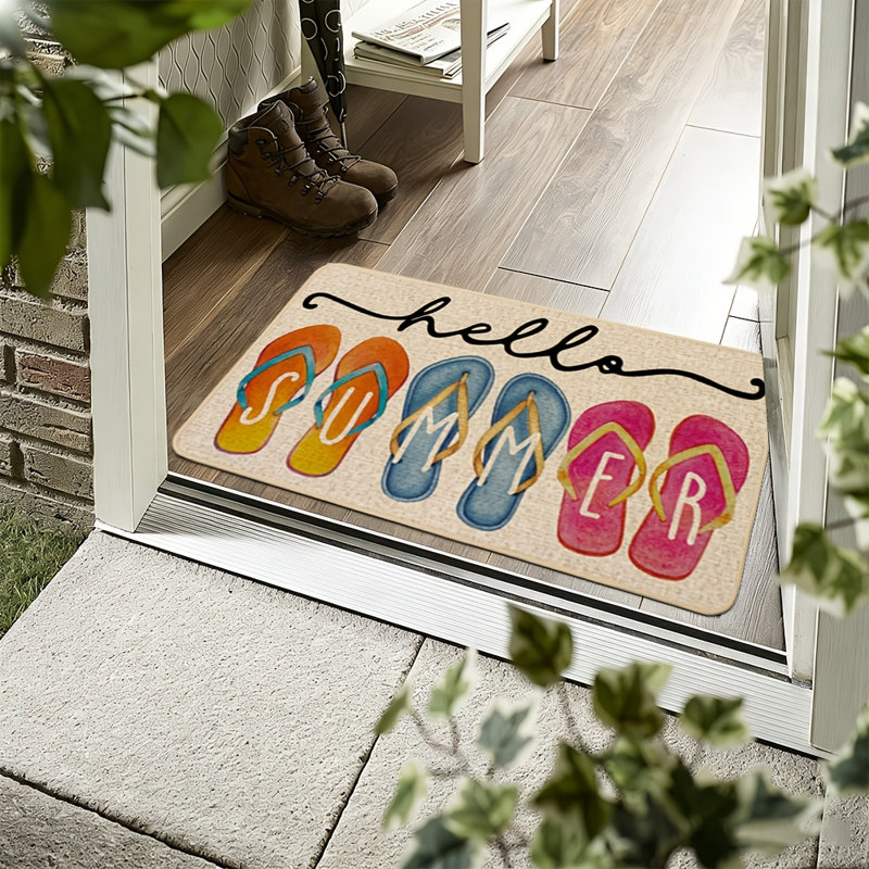 Tapis d'entrée « Bonjour l'été » pour intérieur et extérieur, motif tongs, antidérapant, en caoutchouc, idéal pour la décoration de sol de votre entrée de cuisine ou de cuisine (43 x 91 cm).