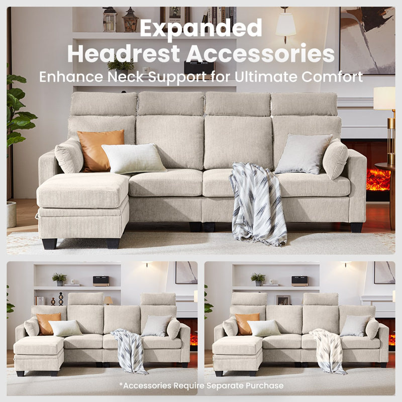 Corduroy Modular Sectional Couch with Ottoman Chaise, L Shaped 4-seat Sofa for Living Room, Apartment, Lounge, Modern Armrest Neck Support Furniture