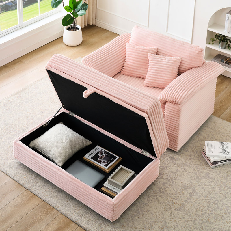 Fauteuil en velours côtelé 48,48 pouces avec tabouret de rangement - rose pour le confort de la chambre à coucher