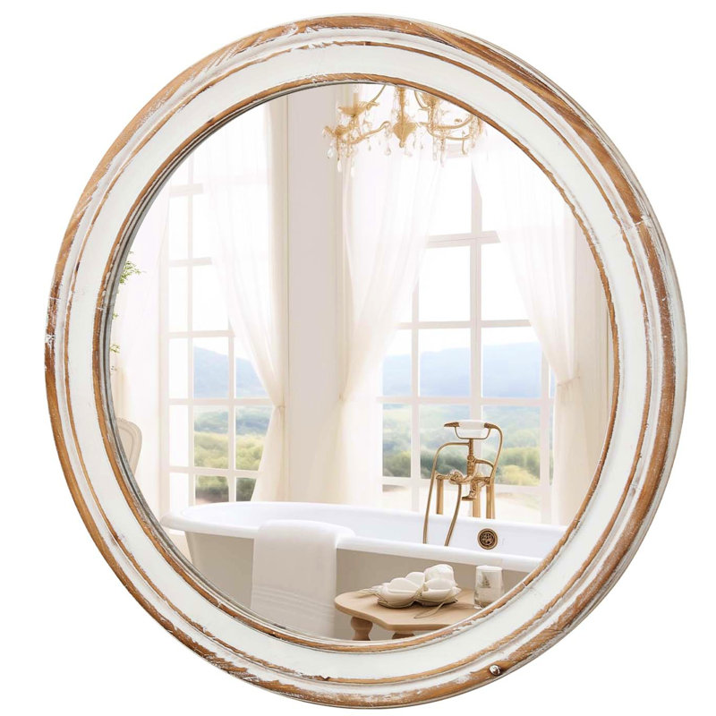 23,99 po Miroir rond pour la maison, le bureau. Style en bois avec bordure blanchie. Réflexion de qualité. Installation sans effort dans la chambre à coucher, vestibule. Miroir Edge. Méthode cristalline facile